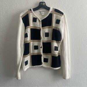 Vintage Dressbarn Womens Cardigan White Gold Black Colorblock Size M